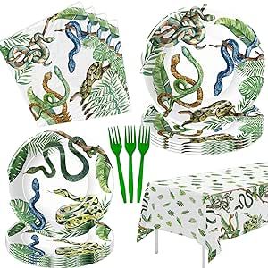 Xenorik Reptile Snake Plates And Napkins Party Decorations - Snake Birthday Party Supplies, Paper Plate, Napkin, Fork, Tablecloth, Jungle Swamp Camping Wilderness Snake Party Tableware | Serve 24 Reptile Party Decorations, Snake Dessert, Reptile Birthday Party Ideas, Snake Decorations, Snake Birthday Party, Reptile Birthday Party, New Years Party Themes, Snake Birthday, Snake Party