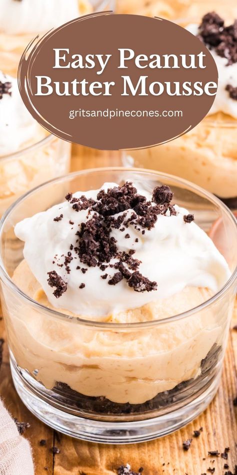 Easy peanut butter mousse is a scrumptious dessert recipe for peanut butter fans everywhere! It is a simple no-bake recipe that is sure to become a new favorite dessert. Enjoy this creamy peanut butter mousse garnished with heavenly whipped cream and crushed Oreo cookies at a dinner party or for Valentine's Day. Crushed Oreo, Peanut Butter Mousse, Peanut Recipes, Dessert For Two, Best Peanut Butter, Chocolate Sandwich Cookies, Easy No Bake Desserts, Peanut Butter Lovers, Easy Peanut Butter