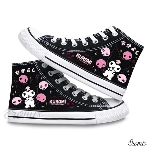 Eromis - Cute Cartoon Anime High-Top Canvas Shoes by Kuroomi - Stylish and Casual Footwear with Minimalistic Print and Surrounding Design Kuromi Shoes, Kuromi Anime, Cute Converse Shoes, Cute Converse, Minimalist Sneakers, Hello Kitty Shoes, Sneakers Patterns, Canvas Shoe, Cute Flats