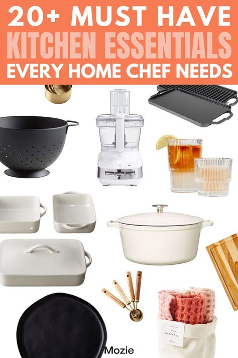 Over the years, we've made note of all the kitchen essentials we swear by having in our kitchen. Whether you're moving into an apartment or are looking for some new gadgets to add to your kitchen, these 20+ must have kitchen essentials are the best of the best! Chef Essentials, Apartment Kitchen Ideas Design, Needs List, Airbnb Kitchen, Kitchen Essentials Checklist, First Apartment Kitchen, Apartments Kitchen, Minimalist Kitchen Essentials, Best Cooking Utensils