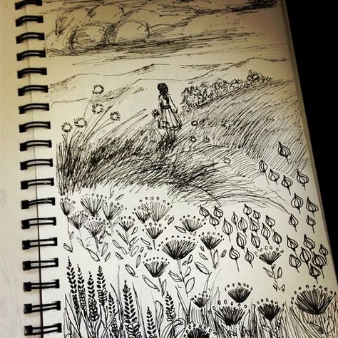 Ink Sketch doodle flowers girl meadow nature by Nicole Piar Field Of Flowers Drawing Pencil, Meadow Drawing Pencil, Flower Field Drawing Pencil, Flower Field Sketch, Field Of Flowers Drawing, Meadow Sketch, Flower Field Drawing, Meadow Drawing, Quick Doodles