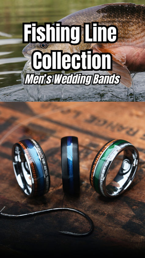 Men's Fishing Line Rings - Men's wedding bands. Mens Wedding Rings Fishing Line, Men’s Wedding Bands Fishing, Angler Fish Jewelry, Fishing Wedding Ring, Mens Wedding Bands Fishing Line, Fishing Line Wedding Ring, Fishing Wedding Rings For Men, Fishing Line Wedding Band, Fishing Groomsmen Gifts