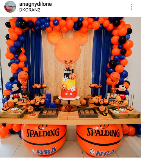 Mickey Mouse Spalding Basketball Inspired Birthday Party Dessert Table and Decor Basketball Themed Birthday Party, Basketball Theme Birthday, Ball Birthday Party, Basketball Baby Shower, Basketball Theme Party, Basketball Birthday Parties, Ball Birthday Parties, Birthday Party Desserts, Sports Birthday Party