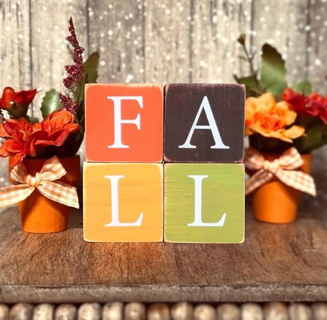 Alphabet Blocks Crafts, Block Decorations, Wooden Fall Decor, Tiered Tray Decorations, Thanksgiving Party Decorations, Fall Harvest Party, Wood Craft Projects, Harvest Party, Unique Fall