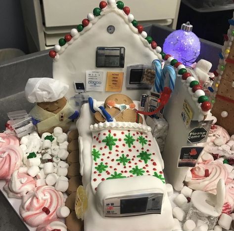 Gingerbread House Ideas Contest Funny, Pharmacy Gingerbread House, Gingerbread House Themes Funny, Gingerbread Hospital Ideas, Medical Gingerbread House Ideas, Gingerbread House Hospital Theme, Hospital Gingerbread House Ideas, Hospital Gingerbread House, Gingerbread Hospital