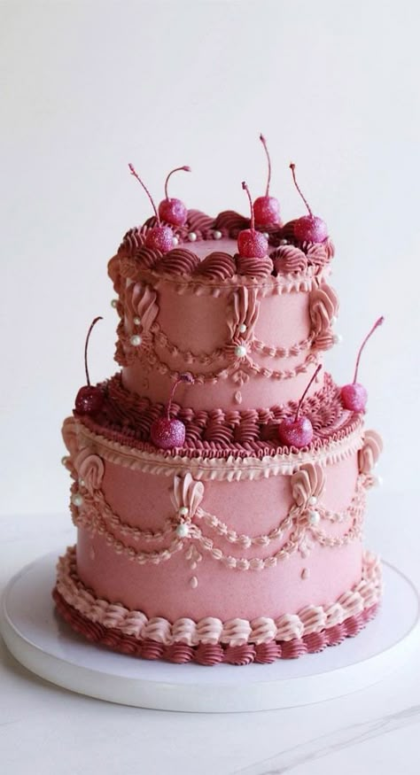 50 Lambeth Cake Ideas for Masterful Cake Decorating : Two-Tier Cake with Glitter Pink Cherries Vintage Style Cake, Lambeth Cake, Tire Cake, Girls First Birthday Cake, Double Layer Cake, Two Layer Cakes, Tiered Cakes Birthday, Vintage Birthday Cakes, Cake Birthday Cake