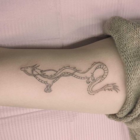 Haku dragon from Spirited Away tattoo by Jen Wong Dragon Tattoo Lower Arm, Haku Dragon Tattoo, Tatuaje Studio Ghibli, Haku Dragon, Dragons Tattoo, Small Dragon Tattoos, Tattoo Red, Tattoo Forearm, Dragon Tattoo For Women