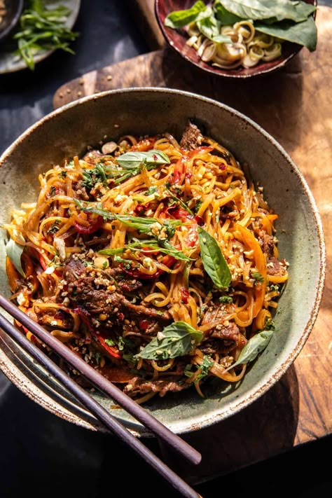 30 Minute Thai Basil Beef Noodles | halfbakedharvest.com Thai Basil Beef Half Baked Harvest, Thai Basil Ground Beef Recipes, Quick Asian Noodle Recipes, Thai Noodle Bowls, Half Baked Harvest Pad Thai, Half Baked Harvest Ground Beef, Thai Beef Noodles, Thai Noodle Bowl, Basil Beef