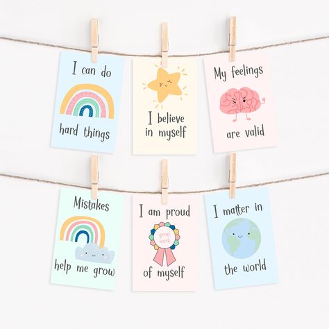 Affirmation cards for kids - Childrens Daily Affirmations - Printable Affirmations #AffirmationCards #PositiveVibes #SelfLove #DailyAffirmations Printable Affirmations, Affirmation Cards For Kids, Toddlers Room, Positive Reminders, Gratitude Activities, Bullet Journal Ideas Templates, Bookmark Craft, Positive Affirmation Cards, Affirmations For Kids