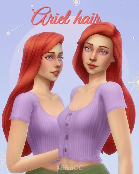 Ariel hairstyle | Miiko on Patreon Ariel Hairstyle, Ariel Hair, Disney Princess Hairstyles, Sims 4 Challenges, The Sims 4 Pc, Pelo Sims, Sims 4 Mm Cc, 2000s Clothes, Sims 4 Dresses