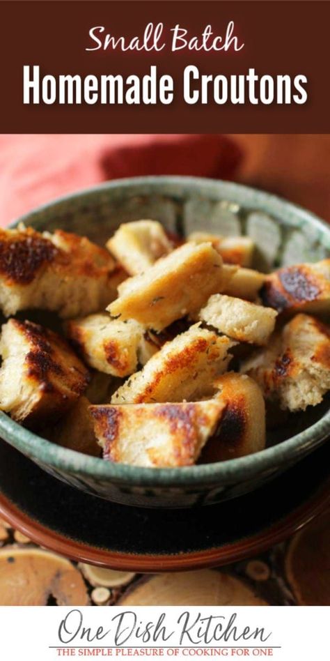 If you’ve got leftover bread, use it to make a small batch of homemade croutons. Perfect for salads, soups, and much more! So much better than store bought, these croutons take just minutes to make. Stovetop and oven baked crouton recipes provided. | One Dish Kitchen | #croutons #homemadecroutons #leftoverbread #bread #smallbatch #croutonrecipe #salad #soup #singleserving #cookingforone #recipeforone #onedishkitchen Salad Croutons, Crouton Recipe, Frugal Kitchen, Croutons Recipe, Crouton Recipes, Freezer Food, Recipes Salads, Frugal Recipes, Recipe Salad