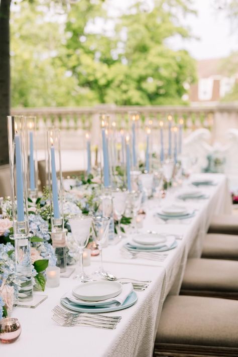 A Blue and White Al Fresco Summer season Marriage ceremony Check more at https://howcandothis.com/weddingideas/a-blue-and-white-al-fresco-summer-season-marriage-ceremony/ White And Light Blue Table Setting, Round And Rectangular Tables At Wedding, Blue Patterned Tablecloth Wedding, Wedding Blue Florals, Light Blue Green And White Wedding, Blue Monochromatic Wedding, Timeless Blue Wedding, Dusty Blue Sage Green White Wedding Flowers, Southern Wedding Table Settings