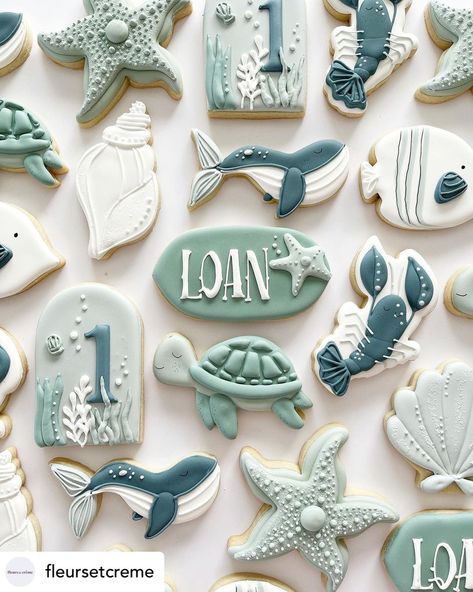 Ocean Baby Shower Cake, Ocean Themed Baby Shower Ideas, Ocean Themed Cake, Under The Sea Cookies, Boys 1st Birthday Cake, Ocean Baby Showers, Beach Cookies, Ocean Birthday Party, Ocean Birthday