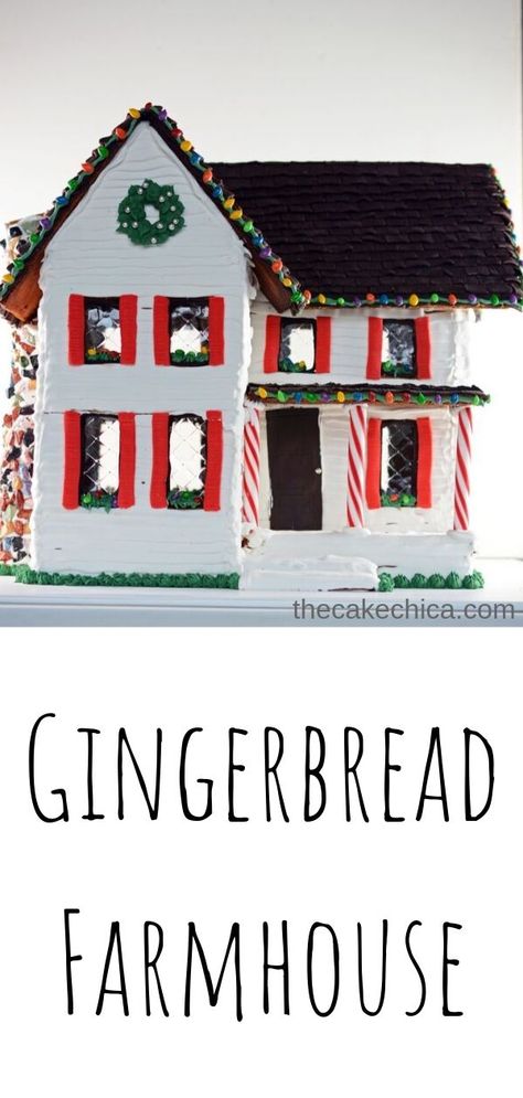 Homemade Gingerbread Farmhouse made with royal icing, fondant, and candy. #gingerbread #gingerbreadhouse #christmasrecipes #farmhouse #thecakechica Gingerbread Farmhouse Ideas, Farmhouse Gingerbread House, Gingerbread Farm, Gingerbread Farmhouse, Diy Gingerbread House, Gingerbread House Patterns, Ginger Bread House Diy, Gingerbread House Template, Homemade Gingerbread