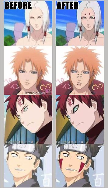 Before After make-up. They all look fabulous both ways Naruto Shippudden, Naruto Shippuden Characters, 웃긴 사진, Naruto Funny, Holy Cow, Naruto Art, Naruto Shippuden Anime, Naruto Characters, Funny Anime Pics