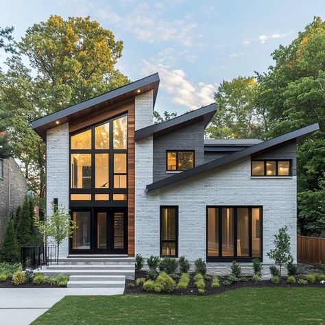 Discover your dream home in modern elegance. 🏡 This split-level masterpiece blends white brick and grey siding with warm wooden accents, creating a stunning contemporary look. Slanted roofs, large windows, and sleek black frames add to the dynamic vibe. Surrounded by nature's beauty, this is where style meets serenity. 🌳🌿 #ModernHome #ArchitectureDesign #DreamHome #ContemporaryLiving #HouseGoals #RealEstate #LuxuryLiving #HomeDesign #minimalistdesign Modern Split Level Exterior, Slant Roof House, Modern Grey House Exterior, Modern House Remodel, Split Level Exterior, Slanted Roof, Modern Brick House, Window Remodel, Temple House