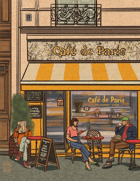 Café de Paris - Maelys Chay Paris Cafe Illustration, Cafe Drawing Illustration Coffee Shop, Cafe Shop Drawing, Cute Cafe Shop, Aesthetic Cafe Shop, Simple Cafe Design, Drawing Cafe, Serious Black, Drawing With Color