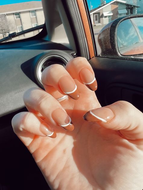 French Tip With Brown, French Tip Nails With Line, Brown French Tips, Brown French, White French Tip, Tip Nails, White French, French Tips, White Line