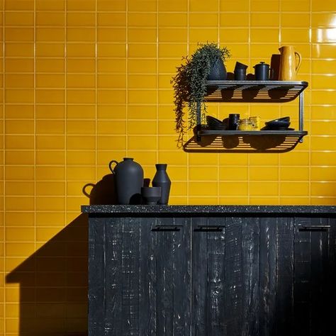 The Subway Brick Tile Trend | Topps Tiles Yellow Kitchen Tiles, Yellow Wall Tiles, Mustard Kitchen, Yellow Tiles, Subway Style, Coloured Grout, Topps Tiles, Yellow Tile, Stone Mosaic Tile