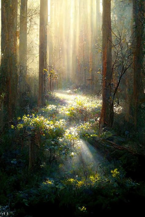 Forest Sunlight Painting, Sun Through Trees Painting, Light Through Trees Painting, Magic Forest Painting, British Forest, Magical Forest Painting, Door Reference, Forest In Spring, Woods Painting