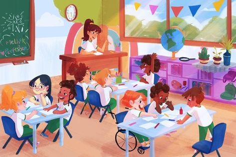 Lais Oliveira on Behance Kindergarten Classroom Illustration, Art Class Illustration, Classroom Illustration Art, Classroom Illustration School, Kindergarten Illustration, Classroom Illustration, Teacher Illustration, Teachers Illustration, Storyboard Ideas