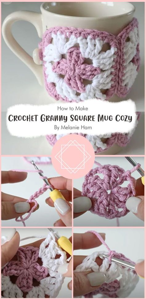 Simple Crochet Granny Square, Melanie Ham, Crochet Cup Coaster, Coffee Mug Cozy, Cup Cozy Pattern, Crochet Mug Cozy, Crochet Cup Cozy, Cozy Crochet Patterns, Easy Crochet Patterns Free