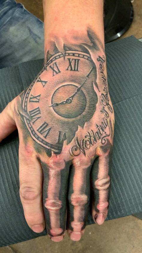 Neck Tattoo For Hood Guys, Good Hand Tattoos For Men, Nothing Lasts Forever Tattoo Hand, Clock Hand Tattoos For Guys, Palm Size Tattoos Ideas Men, Hand Tattoo Ideas For Men Unique, Hands Tattoo Men, Men’s Hand Tattoo Ideas, Hand Tattoos For Guys Ideas Design