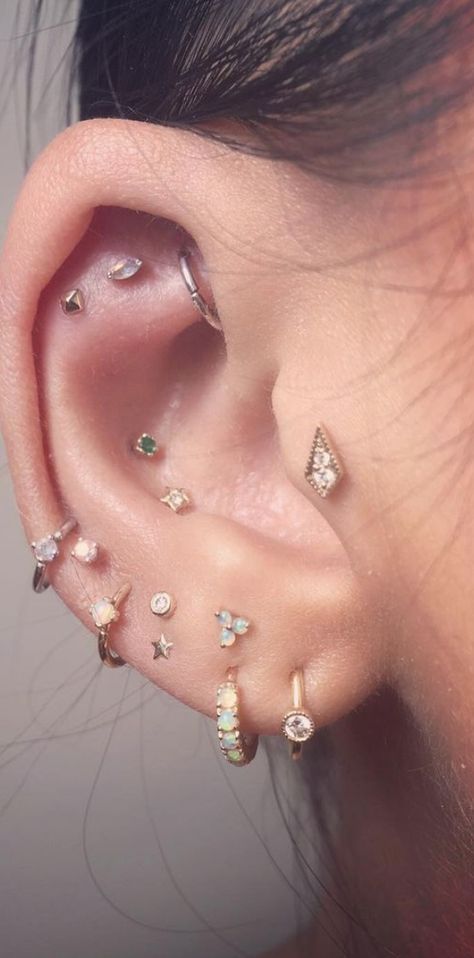 Stacked Lobe Piercing Jewelry, Ear Curation Both Ears, Stacked Lobe Ear Piercings, Stacked Lobes, Stacked Lobe Piercing, Stacked Lobe, Piercings Chart, Curated Ears, Earring Stacks