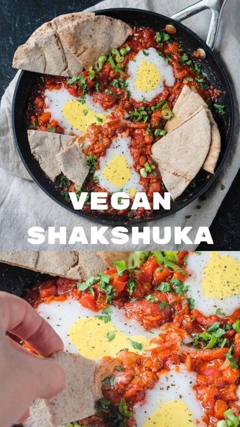 This Vegan Shakshuka is a saucy, bold flavored, red pepper stew that's perfect for dunking pieces of toasted pita bread. Top it off with amazingly creative vegan Vegan Shakshuka, Shakshuka Recipes, Vegan Brunch, Vegan Sausage, Vegan Main Dishes, Eggplant Recipes, Pita Bread, Middle Eastern Recipes, Garam Masala