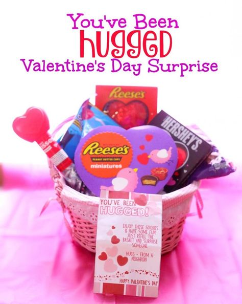 You've Been Hugged Valentine Surprise basket for friends and neighbors- This Mama Loves You've Been Hugged, Valentine Surprise, Simple Valentines Gifts, Friend Valentine Gifts, Valentines Day Baskets, Valentine Gift Baskets, Valentines Surprise, Gratis Printables, Valentine Baskets