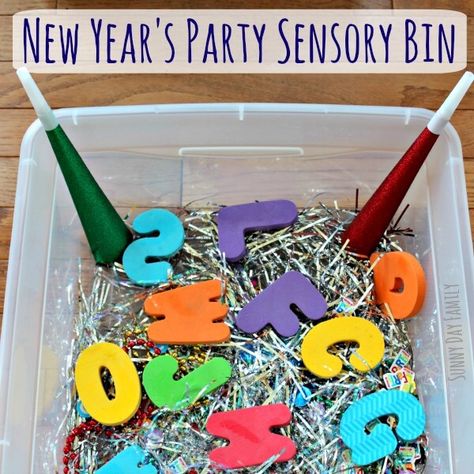 New Year's Party Sensory Bin Activity for Preschoolers | Sunny Day Family New Years Sensory Bin, Party Sensory Bin, January Preschool Themes, Pond Crafts, Sensory Bin Ideas, New Year's Eve Crafts, December Lessons, Kids New Years Eve, New Year's Eve Activities