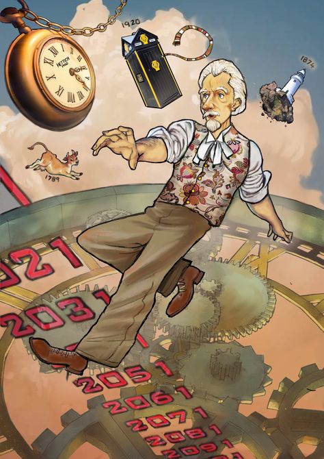 An illustration done for Gallery magazine on time travel with a retro look. I did 'Dr Who' type idea with a Jersey slant... Time Travel Drawing Ideas, Time Travel Artwork, Time Capsule Illustration, Time Travel Illustration Art, Time Travel Poster, Time Travel Story Ideas, Time Travel Graphic Design, Time Travel Art Fantasy Inspiration, Time Travel Drawing