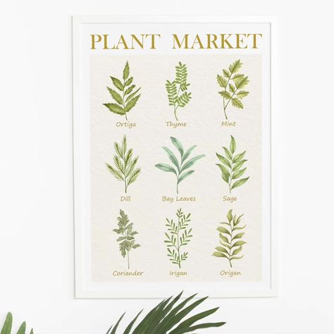 Herb Garden Wall Art Printable, Botanical Herb Poster, Kitchen Decor, Plant Market Watercolor Art, Herbs Chart, Leaf Art Digital Download 🌱🪴🌿 Bring a touch of nature to your kitchen or living space with this beautiful Herb Garden Wall Art printable. This stunning watercolor print features a selection of popular herbs, making it the perfect decor for any herb lover, plant enthusiast, or farmhouse-style kitchen. You can buy our art prints from the link in bio 🌟 #wallart #printablewallart #wa... Herbs Chart, Beautiful Herb Garden, Herb Poster, Herb Garden Wall, Bay Leaves, Garden Wall Art, Farmhouse Style Kitchen, Style Kitchen, Leaf Art