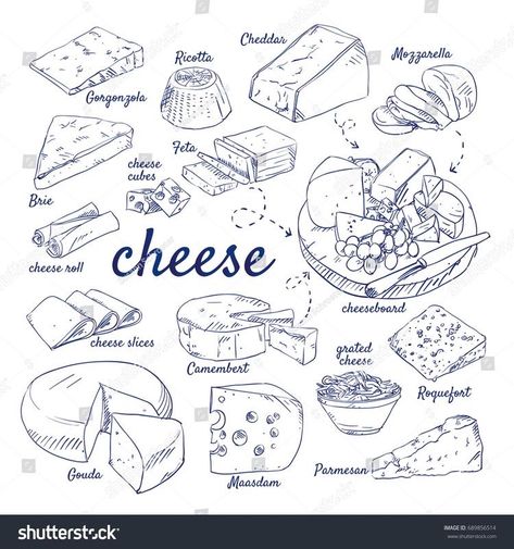 Cheese Doodle, Sketch Menu, Cheese Drawing, Roquefort Cheese, Meaningful Wrist Tattoos, Food Sketch, Flash Tattoo Designs, Italian Cheese, Vector Sketch