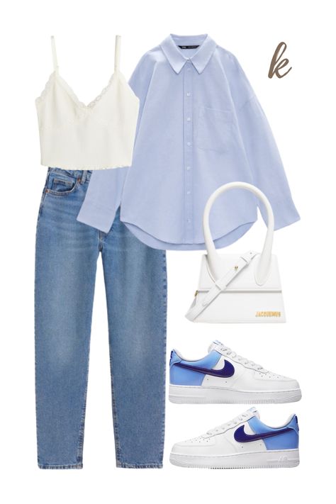 Top: H&M Shirt: Zara Jeans: H&M Bag: Jaquemus Shoes: Nike AF1 Summer Denim Blue Jeans By H&m, H&m Spring Everyday Shirt, Zara Crew Neck T-shirt For Day Out, H&m Spring Daywear Shirt, Chic Beige H&m Top, Fit Layout, H M Outfits, Ideas Clothes, H&m Shirts