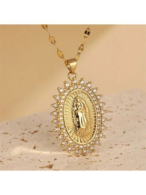 Cubic Zirconia Virgin Mary Pendant Stainless Steel Necklace For Women, Suitable For Wedding, Party And Daily Wear Gold    Stainless Steel     Women Fashion Jewelry, size features are:Bust: ,Length: ,Sleeve Length: Maria Necklace, Virgin Maria, Virgin Mary Pendant, Gold Pendant Jewelry, Golden Necklace, Steel Necklace, Kids Jewelry, Stainless Steel Necklace, Oil Control Products