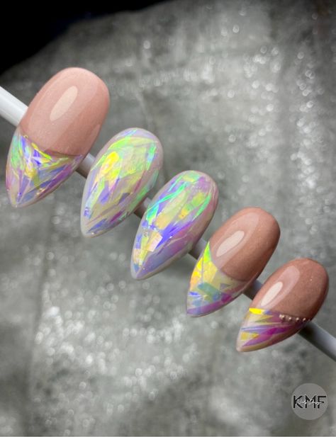 Stunning Holographic Foil imitating pieces of glass Nail Designs With Foil, Nails With Holographic Flakes, Holographic Coffin Acrylic Nails, Holographic Foil Nails, Holo Foil Nails, Coffin Holographic Nails, Nail Foil Designs Ideas, Holographic Nail Foil, Mylar Nails