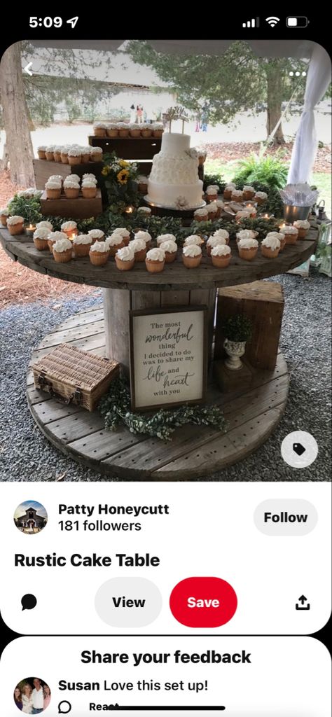 Rustic Cake Tables, Western Theme Cakes, Wood Spool Tables, Outdoor Wedding Cake, Round Table Settings, Cable Spool Tables, Wooden Spool Tables, Wooden Cable Spools, Weddings On A Budget