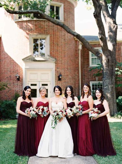 Mix and match burgundy and marsala bridesmaid dresses. // Burgundy Bridesmaid Dresses Ideas // mysweetengagement.com // #bridesmaiddresses #bridesmaids #burgundybridesmaiddresses #burgundywedding Woodland Theme Wedding, Burgundy Makeup, Women Standing, Wedding Burgundy, Makeup Bridesmaid, Red Bridesmaid, Fall Bridesmaids, Burgundy Bridesmaid, Red Bridesmaids