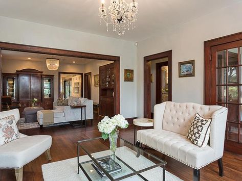 Mixing Woods, Black Baseboards, Dark Woodwork, Open Doorway, Stained Wood Trim, Victoria Lake, 1920s Craftsman, Brownstone Homes, Dark Wood Trim