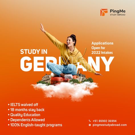 Study In Germany Poster, Germany Poster Design, Study In Germany Creative Ads, University Creative Ads, Pull Up Banner Design, German Language Course, Study In Germany, Admissions Poster, Work In Japan