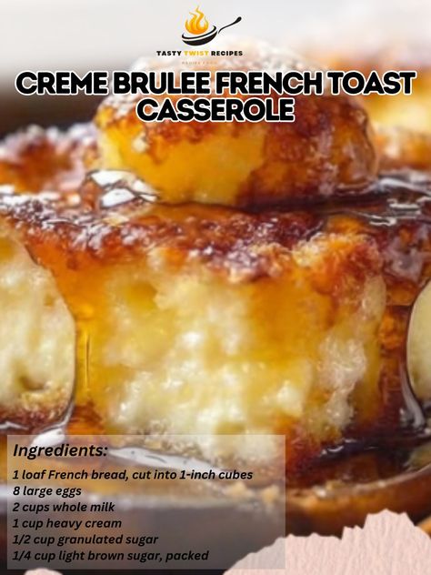 Creme Brulee French Toast Casserole Decadent Vanilla Bean French Toast Bake Ingredients: 1 loaf French bread, cut into 1-inch cubes 8 large eggs 2 cups whole milk 1 cup heavy cream 1/2 cup granulated sugar 1/4 cup light brown sugar, packed 1 tablespoon vanilla extract 1 teaspoon ground cinnamon 1/4 teaspoon ground nutmeg 1/4 teaspoon salt For the topping: 1/2 cup unsalted butter, cold and diced 1 cup light brown sugar, packed 1 teaspoon ground cinnamon 1/4 teaspoon ground nutmeg Directions: G... Cream Brulee French Toast Casserole, Crème Brûlée French Toast Casserole, Cream Brulee French Toast, Creme Brulee French Toast Casserole, Brulee French Toast, Crescent Roll Breakfast Recipes, Creme Brulee French Toast, Creative Breakfast, Toast Casserole