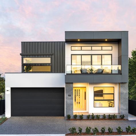 Modern industrial facade Industrial Exterior House, Tiled Porch, Vertical Cladding, Montgomery Homes, Monochromatic Colour, Industrial Exterior, Street Appeal, Dark Doors, Modern Facade