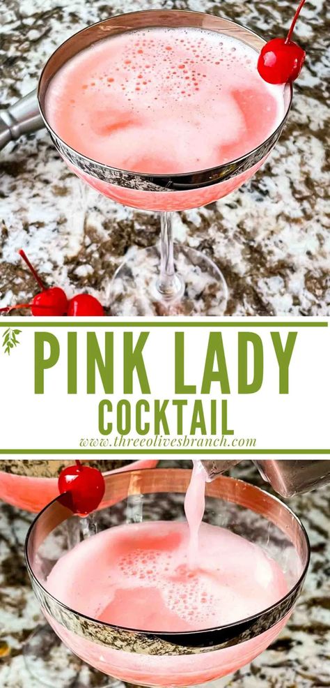 Pink Party Drinks, Cherry Cocktail Recipes, White Lady Cocktail, Pink Lady Cocktail, Grease Themed Parties, Whipped Cream Vodka, Fun Drink Recipe, Grease Movie, Gin Lemon