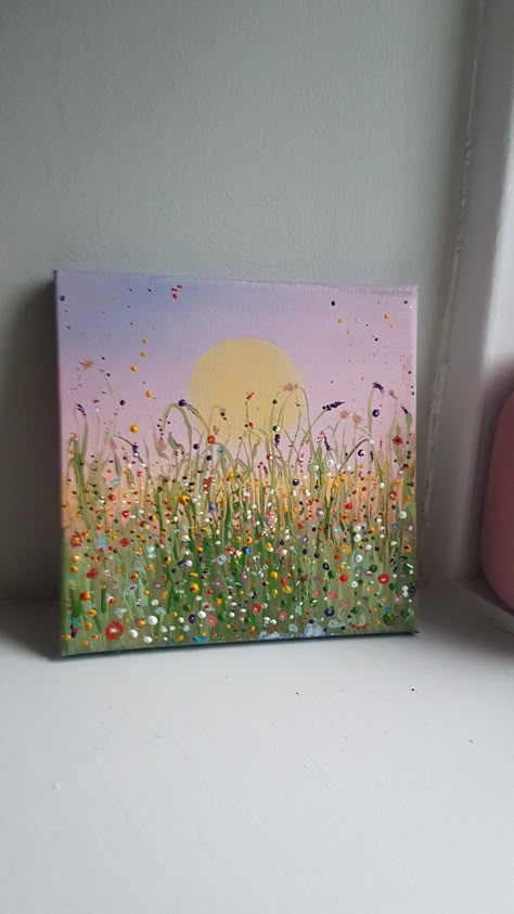 Lavender Sky Painting, Abstract Small Painting, Cute Painting Ideas Aesthetic Flowers, Easy Painting Ideas On Canvas Aesthetic Flowers, Summer Flower Paintings, Acrylic Painting Aesthetic Easy, Wildflower Painting Easy, Dainty Paintings, Flowers Painting Aesthetic