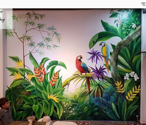 Pin by Eliana Valverde on Pinturas paisagens | Mural wall art, Mural art, Mural painting Wall Art Mural, Wall Murals Diy, Painting Mural, Jungle Mural, Creative Wall Painting, Deco Jungle, Garden Mural, Forest Mural, Tropical Painting