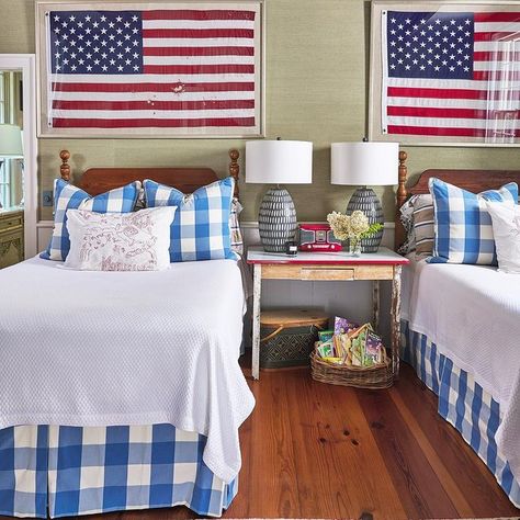 @meganhkenney • Instagram photos and videos Room With Two Full Beds, American Flag Boys Room, American Flag Room, Lake House Bunk Rooms, Twin Beds For Boys, Full Beds, Holiday Bedroom, Boy’s Room, Twin Beds