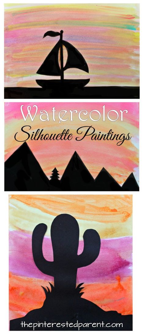 Watercolor silhouette landscape paintings for kids with free printable templates - cactus, mountains, sailboat sunset scenes. Kid's arts and crafts Landscape Paintings For Kids, Silhouette Paintings, Sailboat Sunset, Paintings For Kids, Watercolor Silhouette, Free Printable Templates, Camp Crafts, Silhouette Painting, Kids Watercolor