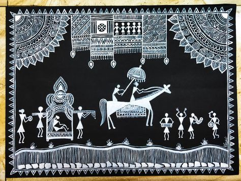 Warli "wedding procession"🖤🤍🖤 Wedding Warli Art, Warli Wedding Scene, Warli Wedding Paintings, Warli Arts, Warli Paintings, Science Art Projects, Worli Painting, Warli Painting, Wedding Procession