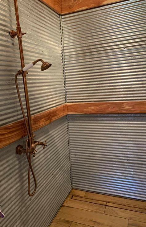 Unique Shower Ideas, Shower With Tin Walls, Galvanized Shower Ideas Wall, Galvanized Metal Shower Walls, Cheap Shower Wall Ideas, Rustic Bathroom Ideas With Tin, Antique Bathroom, Tin Shower Walls Rustic Bathrooms, Tin Shower Walls